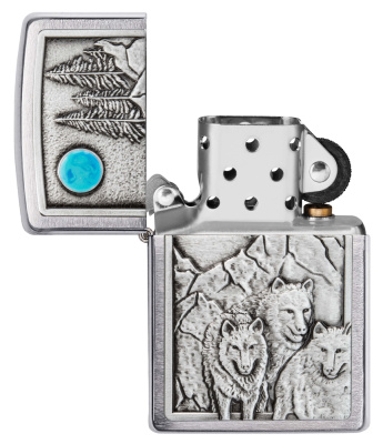 Зажигалка ZIPPO Волки с покрытием матовый хром | Wolf Design Brushed Chrome, латунь/сталь, серебристая, 38x13x57 мм
