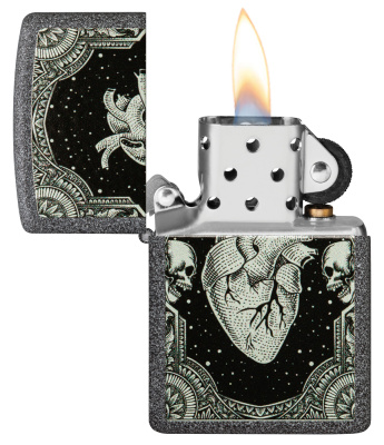 Зажигалка ZIPPO Сердце с каменным покрытием | Heart Design Iron Stone, латунь/сталь, серая, 38x13x57 мм