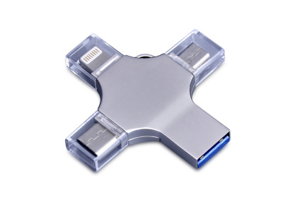 USB-флешка на 128 Гб 4 в 1 поворотный механизм, c дополнительными разъемами MicroUSB, TypeC и Lightning, серебристый , размер 128ГБ