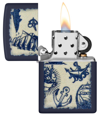 Зажигалка ZIPPO Морская с темно-синем матовым покрытием | Nautical Design Navy Matte, латунь/сталь, синяя, матовая, 38x13x57 мм