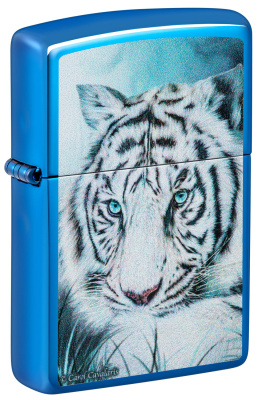 Зажигалка ZIPPO Белый тигр с глянцевым синим покрытием | White Tiger High Polish Blue, латунь/сталь, синяя, глянцевая, 38x13x57 мм