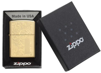 Зажигалка ZIPPO Венецианская с покрытием Глянцевая латунь | Venetian® High Polish Brass, латунь/сталь, золотистая, 38x13x57 мм