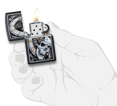 Зажигалка ZIPPO Часы и череп с черным матовым покрытием | Skull Clock Black Matte, латунь/сталь, чёрная, матовая, 38x13x57 мм