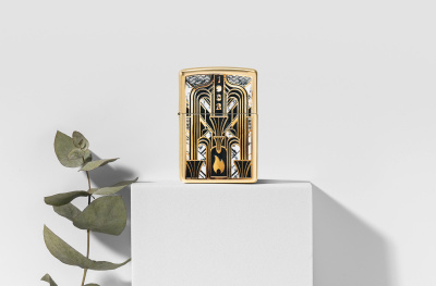 Зажигалка ZIPPO Пламя в стиле ар-деко с покрытием Глянцевая латунь | Art Deco Flame High Polish Brass, латунь/сталь, золотистая, 38x13x57мм