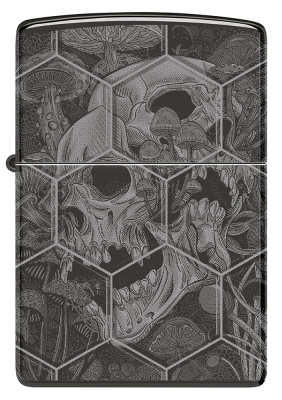 Зажигалка ZIPPO Грибы и черепа с черным глянцевым покрытием | Mushroom Skulls High Polish Black, латунь/сталь, черная, глянцевая, 38x13x57 мм