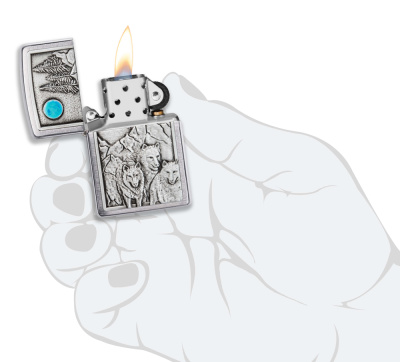 Зажигалка ZIPPO Волки с покрытием матовый хром | Wolf Design Brushed Chrome, латунь/сталь, серебристая, 38x13x57 мм