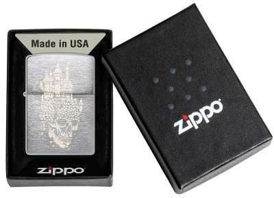 Зажигалка ZIPPO Замок черепа с покрытием матовый хром | Skull Castle Design Brushed Chrome, латунь/сталь, серебристая, 38x13x57 мм