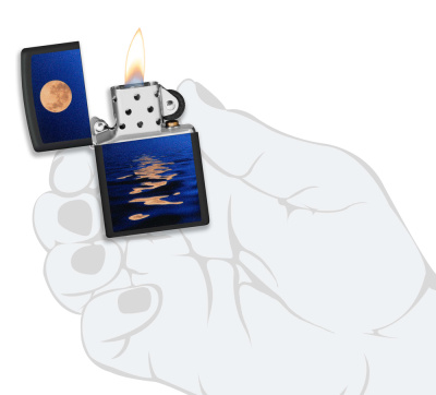 Зажигалка ZIPPO Закат луны с покрытием черный свет | Moon Sunset Black Light, латунь/сталь, чёрная, матовая, 38x13x57 мм