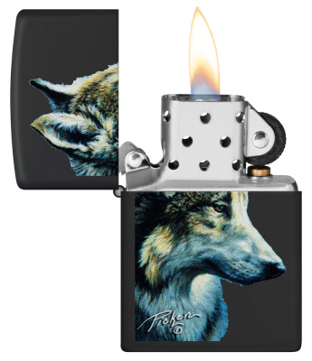 Зажигалка ZIPPO Линда Пикен «Волк» с черным матовым покрытием | Linda Picken Black Matte, латунь/сталь, черная, 38x13x57 мм