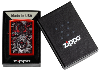 Зажигалка ZIPPO Дракон и тигр с металлизированным красным покрытием | Dragon Tiger Design Metallic Red, латунь/сталь, красная, 38x13x57 мм