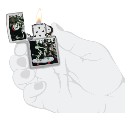Зажигалка ZIPPO Скейтборд с покрытием поцарапанный хром | Skateboard Design Street Chrome, латунь/сталь, серебристая, 38x13x57 мм