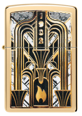 Зажигалка ZIPPO Пламя в стиле ар-деко с покрытием Глянцевая латунь | Art Deco Flame High Polish Brass, латунь/сталь, золотистая, 38x13x57мм