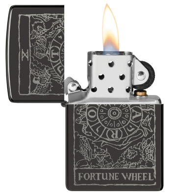 Зажигалка ZIPPO Колесо фортуны с черным глянцевым покрытием | Wheel Of Fortune High Polish Black, латунь/сталь, черная, глянцевая, 38x13x57 мм