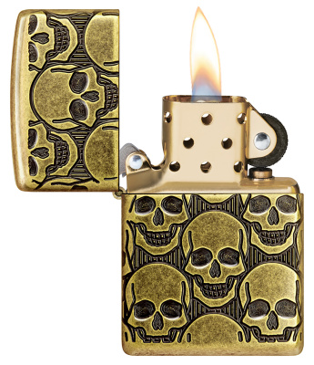 Зажигалка ZIPPO Armor® Ухмыляющиеся черепушки с покрытием античная латунь | Cackling Cranium Antique Brass, латунь/сталь, золотистая, матовая, 38x13x5
