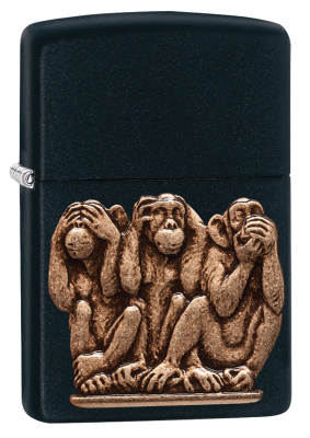Зажигалка ZIPPO Три обезьяны с черным матовым покрытием | Three Monkeys Black Matte, латунь/сталь, чёрная, матовая, 38x13x57 мм