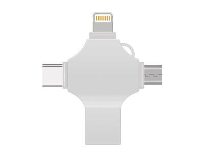 USB-флешка на 128 Гб 4 в 1 поворотный механизм, c дополнительными разъемами MicroUSB, TypeC и Lightning, серебристый , размер 128ГБ