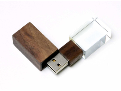 USB-флешка на 64 ГБ прямоугольной формы, под гравировку 3D логотипа, материал стекло, с деревянным колпачком красного цвета, синий , размер 64ГБ