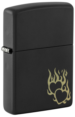 Зажигалка ZIPPO Сердца в огне с черным матовым покрытием | Fire Heart Black Matte, латунь/сталь, черная, матовая, 38x13x57 мм