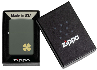 Зажигалка ZIPPO Четырехлистный клевер с зеленым матовым покрытием | Four Leaf Clover Green Matte, латунь/сталь, зеленая, 38x13x57 мм