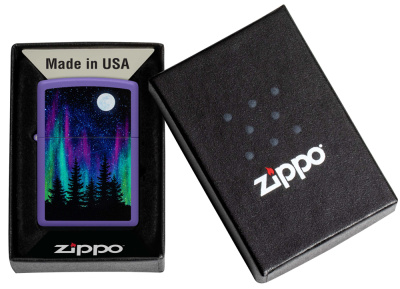 Зажигалка ZIPPO Ночь в лесу с фиолетовым матовым покрытием | Night In The Forest Purple Matte, латунь/сталь, фиолетовая, 38x13x57 мм