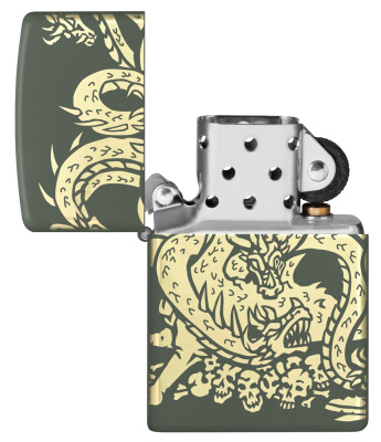 Зажигалка ZIPPO Dragon Design с покрытием Green Matte, латунь/сталь, зеленая, матовая, 38x13x57 мм