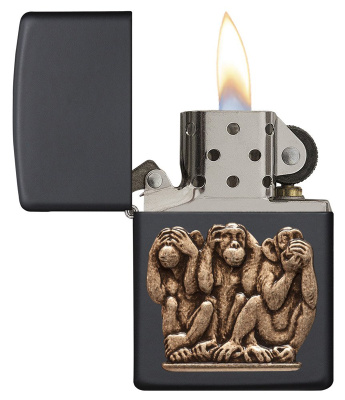 Зажигалка ZIPPO Три обезьяны с черным матовым покрытием | Three Monkeys Black Matte, латунь/сталь, чёрная, матовая, 38x13x57 мм