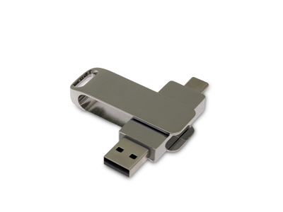 USB 2.0- флешка на 16 Гб поворотный механизм 2 в 1, c дополнительным разъемом Type-C с одноцветным металлическим клипом, серебристый , размер 16ГБ