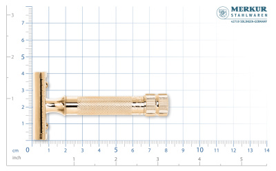 Станок Т-образный для бритья MERKUR 34G, глянцевое хромированное покрытие, прямой срез, закрытый гребень, золотистый цвет, лезвие в комплекте (1 шт)