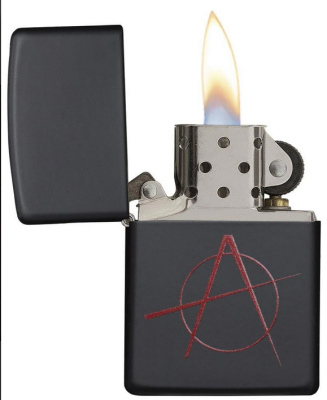 Зажигалка ZIPPO Символ анархии с черным матовым покрытием | Anarchy Symbol Black Matte, латунь/сталь, чёрная, матовая, 38x13x57 мм