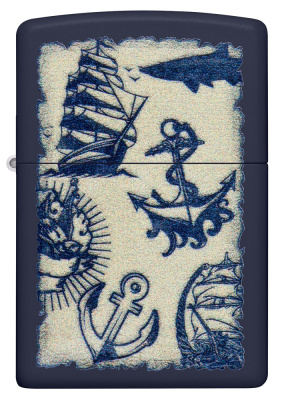 Зажигалка ZIPPO Морская с темно-синем матовым покрытием | Nautical Design Navy Matte, латунь/сталь, синяя, матовая, 38x13x57 мм