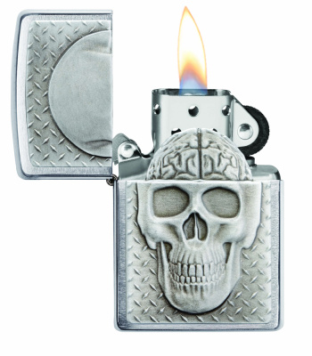 Зажигалка ZIPPO Череп с покрытием матовый хром | Skull Design Brushed Chrome, латунь/сталь, серебристая, 38x13x57 мм