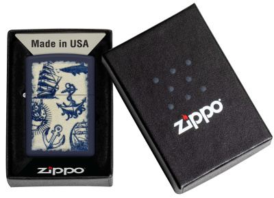 Зажигалка ZIPPO Морская с темно-синем матовым покрытием | Nautical Design Navy Matte, латунь/сталь, синяя, матовая, 38x13x57 мм