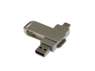 USB 2.0- флешка на 16 Гб поворотный механизм 2 в 1, c дополнительным разъемом Type-C с одноцветным металлическим клипом, серый , размер 16ГБ