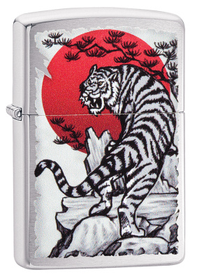 Зажигалка ZIPPO Азиатский тигр с покрытием матовый хром | Asian Tiger Brushed Chrome, латунь/сталь, серебристая, 38x13x57 мм