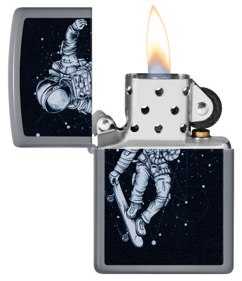 Зажигалка ZIPPO Космонавт-Скейтбордист со светло-серым покрытием | Skateboarding Astronaut Flat Grey, латунь/сталь, серая, 38x13x57 мм