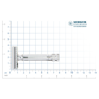 Станок Т-образный для бритья MERKUR 34C, глянцевое покрытие, прямой срез, закрытый гребень, регулируемый, короткая ручка, лезвие в комплекте (1 шт)