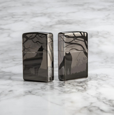 Зажигалка ZIPPO Wolves Design с покрытием Black Ice®, латунь/сталь, чёрная, глянцевая, 38x13x57 мм