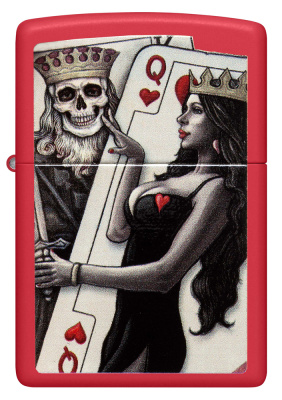 Зажигалка ZIPPO Король скелетов и королева красоты с красным матовым покрытием | Skull King Queen Beauty Red Matte, латунь/сталь, красная, 38x13x57 мм