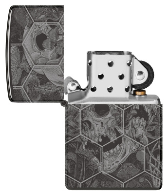 Зажигалка ZIPPO Грибы и черепа с черным глянцевым покрытием | Mushroom Skulls High Polish Black, латунь/сталь, черная, глянцевая, 38x13x57 мм