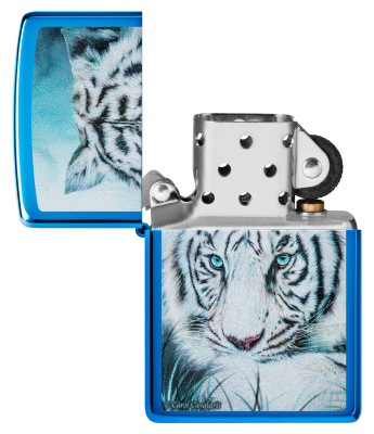 Зажигалка ZIPPO Белый тигр с глянцевым синим покрытием | White Tiger High Polish Blue, латунь/сталь, синяя, глянцевая, 38x13x57 мм
