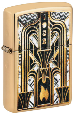 Зажигалка ZIPPO Пламя в стиле ар-деко с покрытием Глянцевая латунь | Art Deco Flame High Polish Brass, латунь/сталь, золотистая, 38x13x57мм