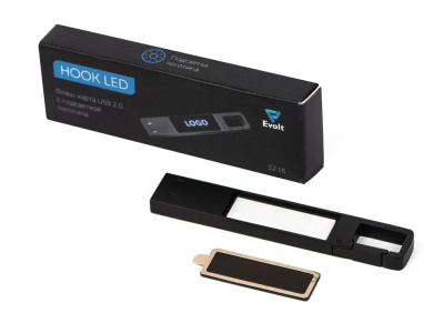 USB 2.0- флешка на 32 Гб c подсветкой логотипа Hook LED, темно-серый, синяя подсветка , размер 32ГБ