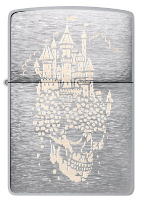 Зажигалка ZIPPO Замок черепа с покрытием матовый хром | Skull Castle Design Brushed Chrome, латунь/сталь, серебристая, 38x13x57 мм