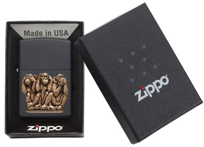 Зажигалка ZIPPO Три обезьяны с черным матовым покрытием | Three Monkeys Black Matte, латунь/сталь, чёрная, матовая, 38x13x57 мм
