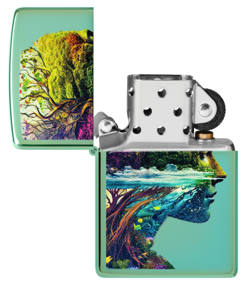 Зажигалка ZIPPO Единение с природой с зеленым глянцевым покрытием | One with Nature Design High Polish Green, латунь/сталь, зеленая, 38x13x57 мм