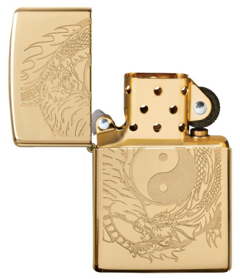 Зажигалка ZIPPO Тигр и дракон с покрытием Глянцевая латунь | Tiger and Dragon High Polish Brass, латунь/сталь, золотистая, 38x13x57мм