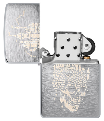 Зажигалка ZIPPO Замок черепа с покрытием матовый хром | Skull Castle Design Brushed Chrome, латунь/сталь, серебристая, 38x13x57 мм