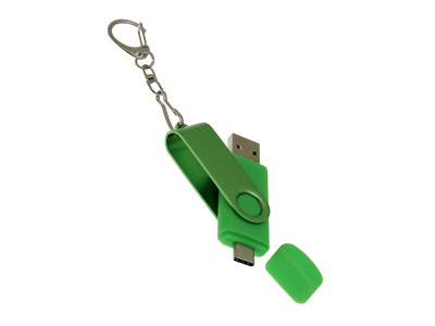 USB-флешка на 16 Гб 2 в 1 поворотный механизм, c дополнительным разъемом Type-C с одноцветным металлическим клипом, зеленый , размер 16ГБ