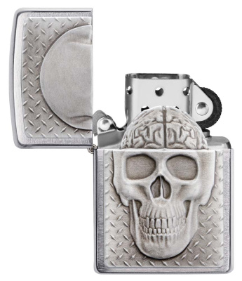 Зажигалка ZIPPO Череп с покрытием матовый хром | Skull Design Brushed Chrome, латунь/сталь, серебристая, 38x13x57 мм