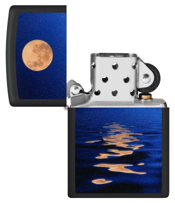 Зажигалка ZIPPO Закат луны с покрытием черный свет | Moon Sunset Black Light, латунь/сталь, чёрная, матовая, 38x13x57 мм
